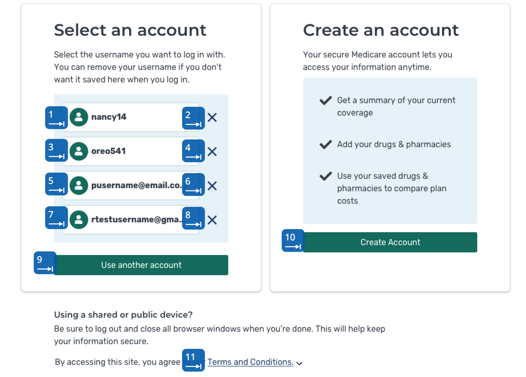 Screens with blue focus annotations that indicate tab stop order.