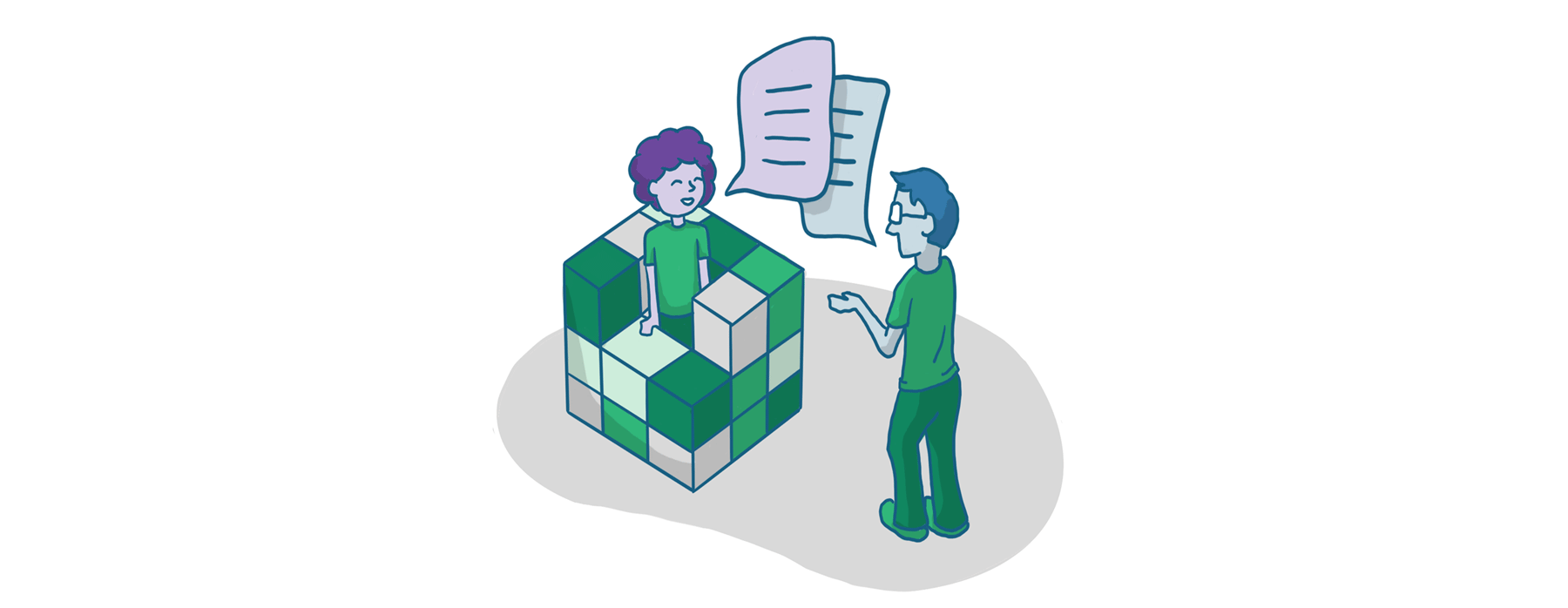 Drawing of a person inside a rubics cube talking to another person about design systems.