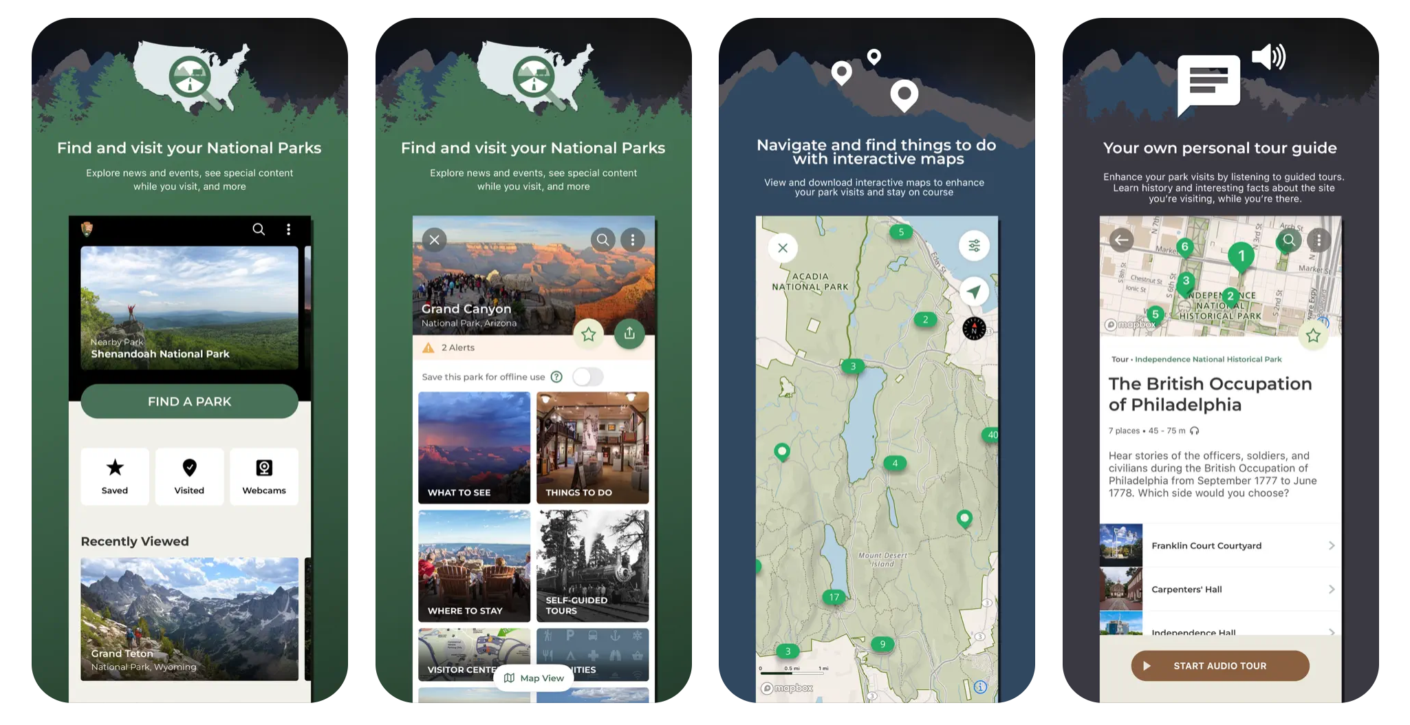 Screenshots from the NPS App showing screens for users to find National Parks, navigate using interactive maps, and learn from audio tours in specific locations.