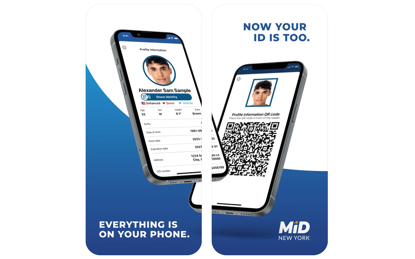 Screenshots from the New York Mobile ID App showing a user's identity information and a scannable QR code.