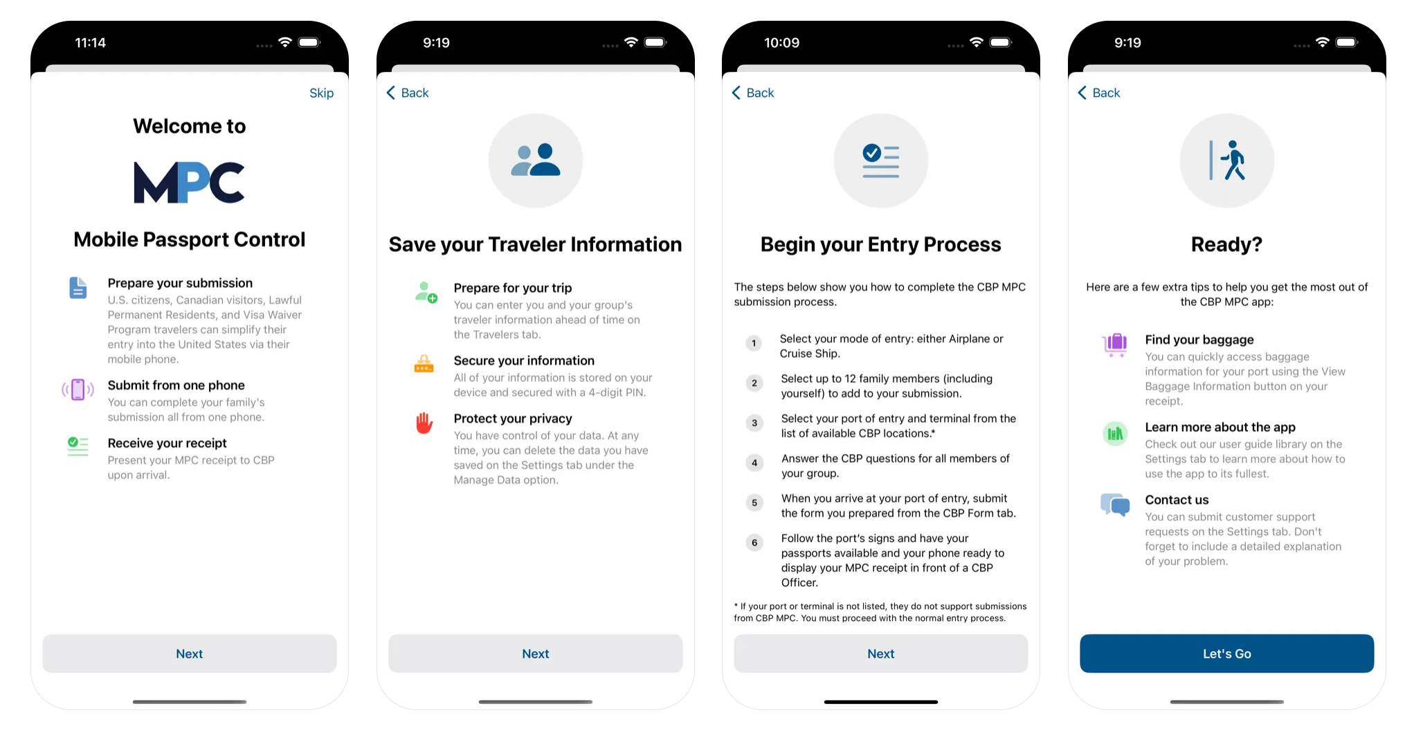 Screenshots from the Mobile Passport Control App showing steps for a user to save traveler information, begin entry process, and get started with the app.