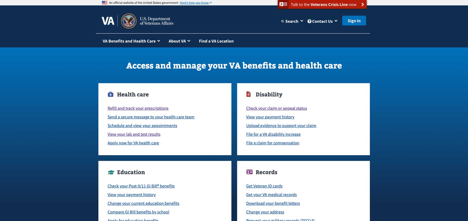 Screenshot of the VA.gov homepage.