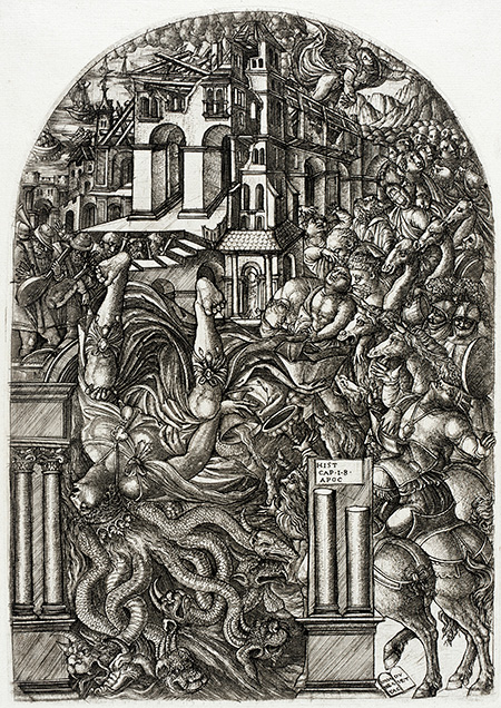 An elaborate engraving featuring the invasion of Babylon. King Nabonidus falls into a pit of snakes while Cyrus the Great and his army swarm the streets. Horses, soldiers, and citizens take up all available space.